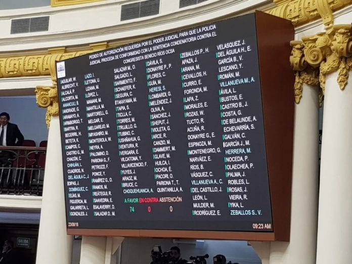 Por unanimidad Congreso aprobó autorización para cumplimiento de sentencia de Benicio Rios