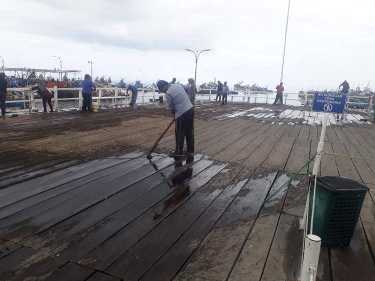 Integrantes de la Asociación «Las Loberas» baldearon y pintaron el Muelle Fiscal