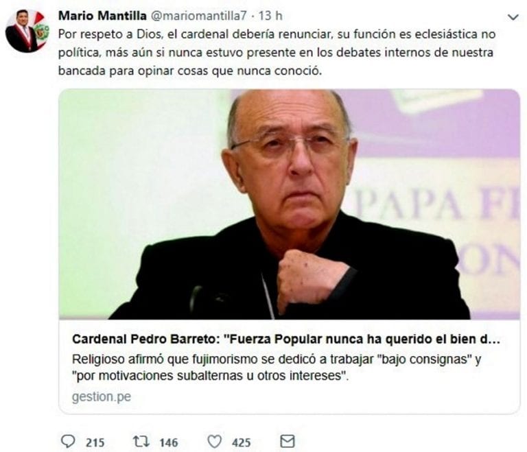 Desatinada opinión del congresista Mario Mantilla contra cardenal Barreto