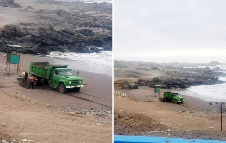 Sorprenden a volquete extrayendo arena de orilla de playa Las Enfermeras