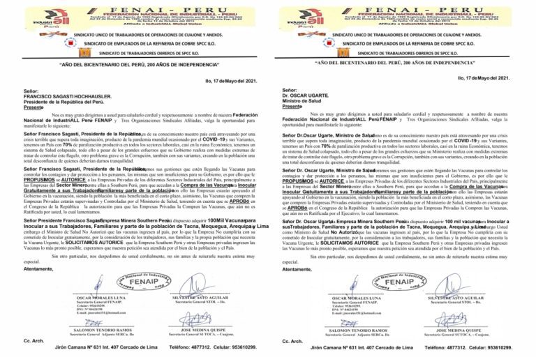 Sindicatos piden al gobierno central autorice a Southern Peru la compra de vacunas contra el Covid-19