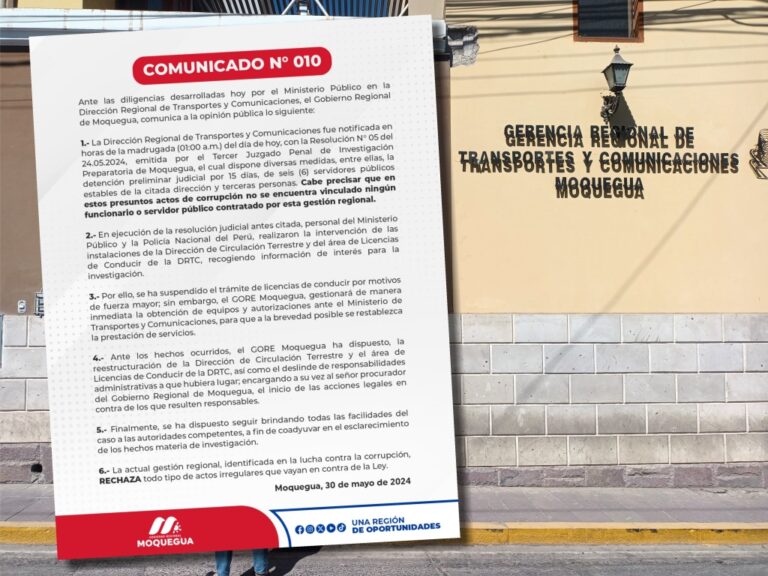 GORE Moquegua emitió vergonzoso comunicado sobre la corrupción en Transportes