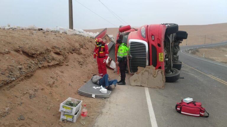 Camión cargado de paltas vuelca en la Costanera Norte y deja dos heridos