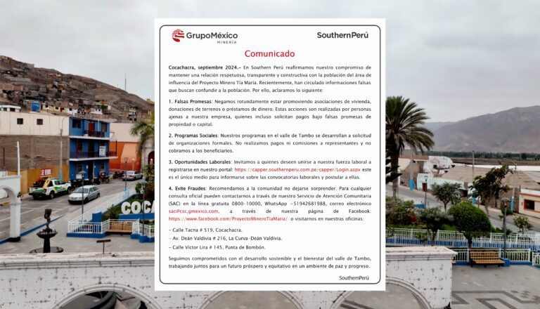 Comunicado Proyecto Tía María – Southern Perú