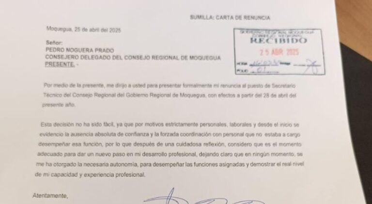 Renuncia del secretario técnico expone tensiones internas en el Consejo Regional de Moquegua