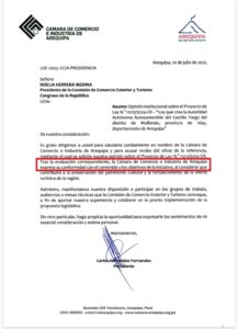 Oficio Camara de Comercio Arequipa PL autoridad autonoma Castillo Forga opinion 10072025 La Prensa Regional