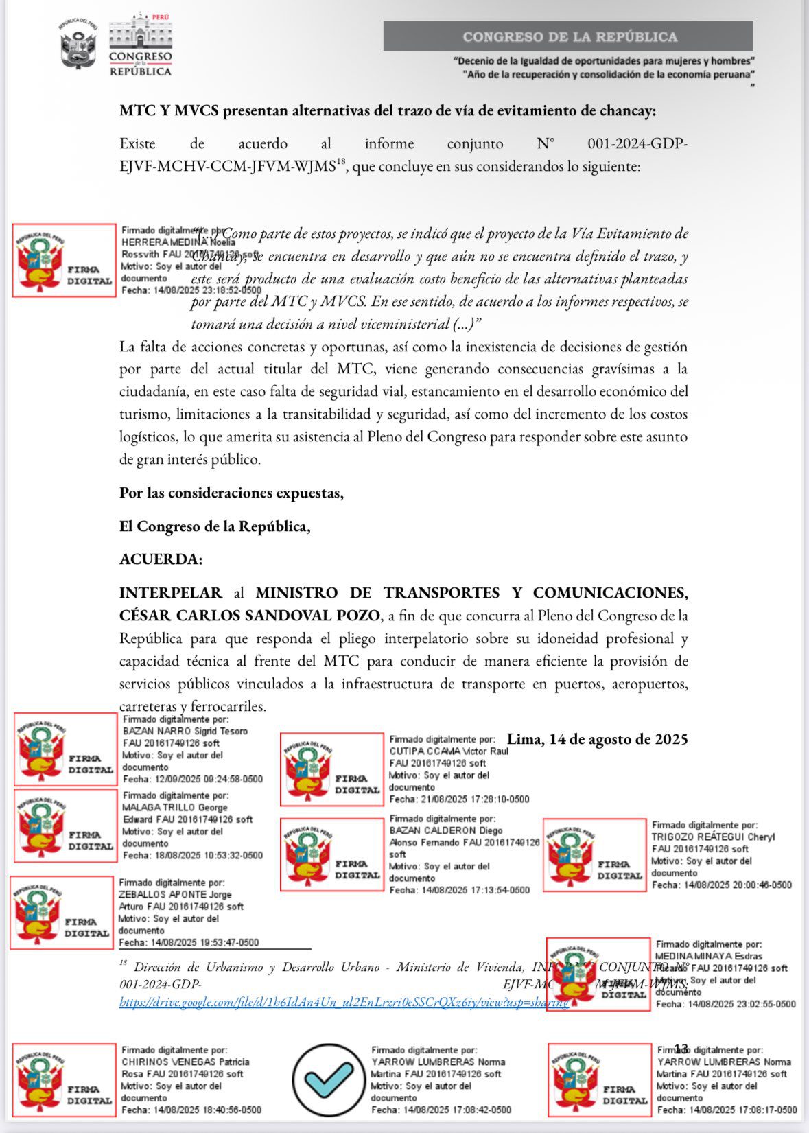 Presentan moción de interpelación contra ministro César Sandoval 1 Mocion de interpelacion presentada contra Cesar Sandoval 12092025 La Prensa Regional