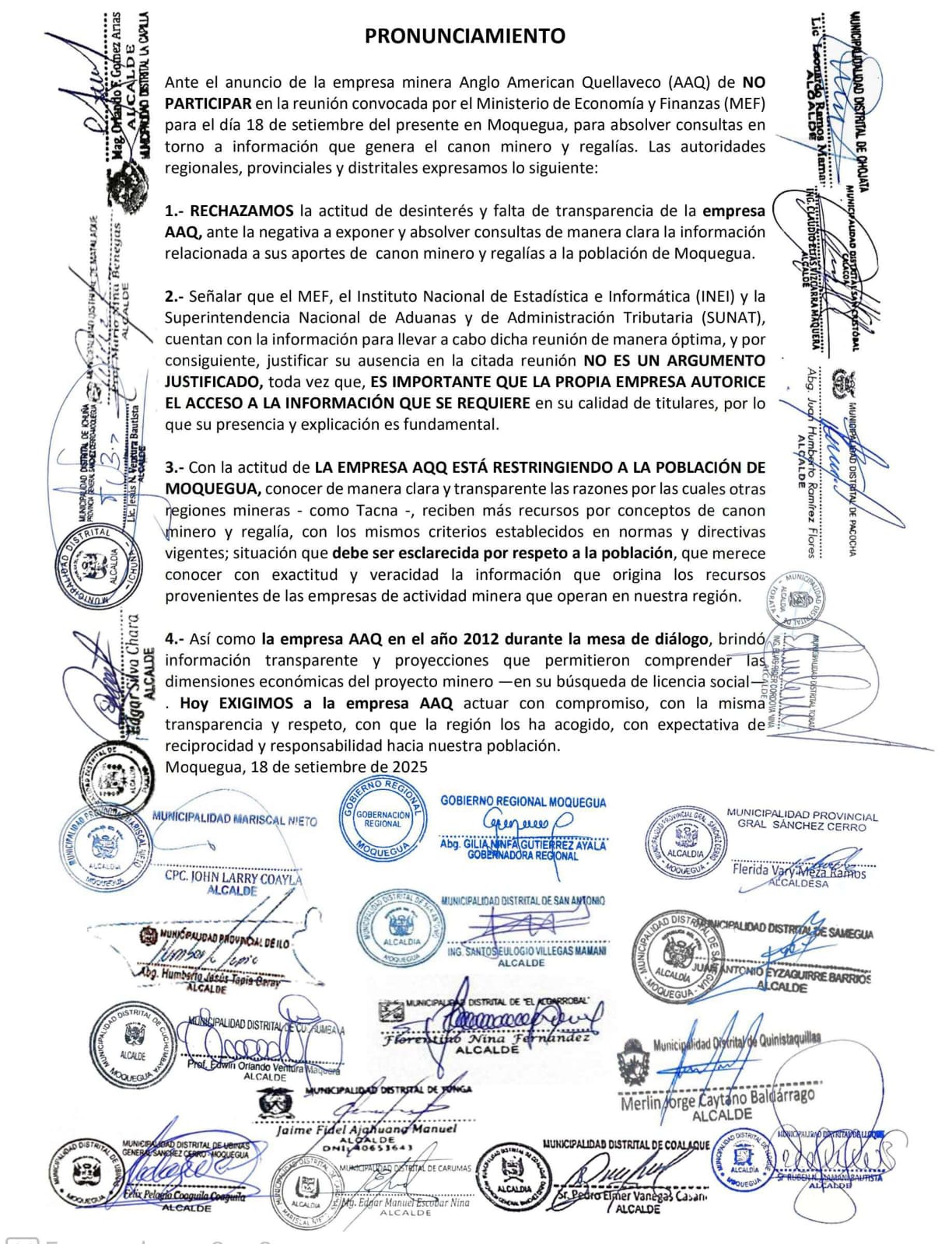 Pronunciamiento de las autoridades de la region Moquegua rechaza ausencia de Quellaveco en reunion con el MEF 18092025 La Prensa Regional