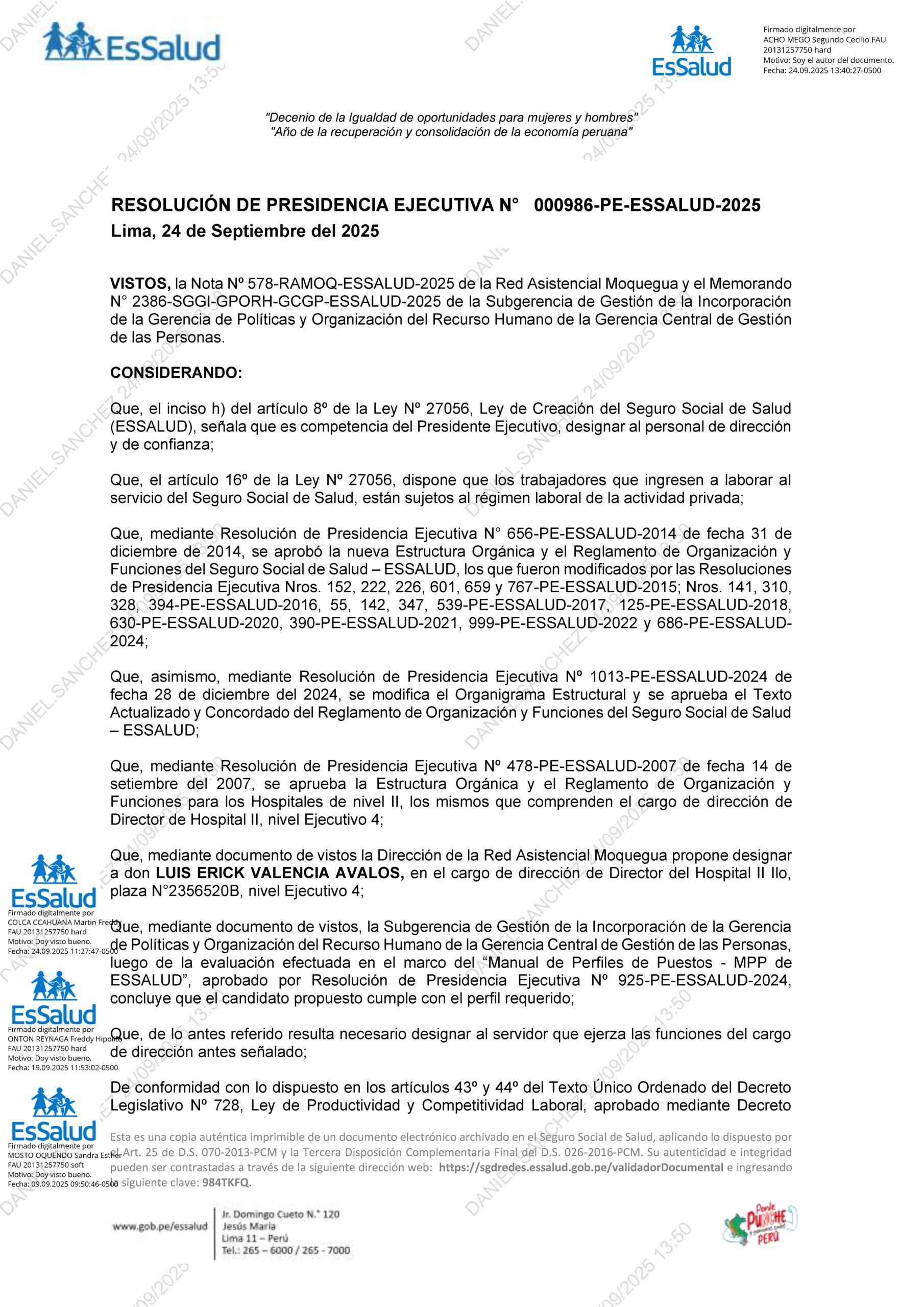 Resolucion de Presidencia Ejecutiva EsSalud 000986 2025 PE Erick Valencia Avalos Pagina 1 scaled La Prensa Regional