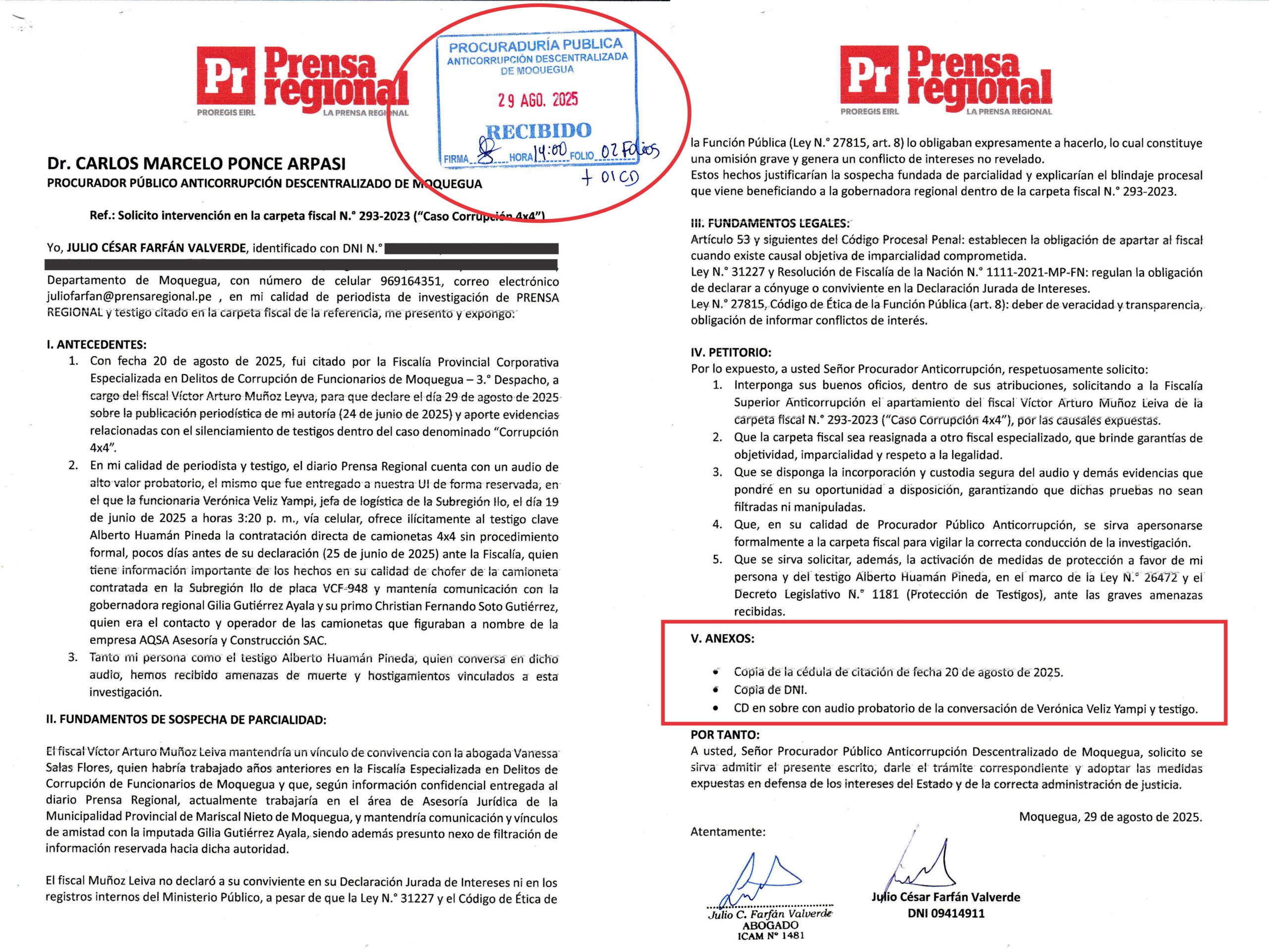 Caso Corrupción 4x4: Fiscalía amenaza a periodista de Prensa Regional 1 Caso amenaza Fiscalia 31102025 2 Pedido y entrega al Procurador scaled La Prensa Regional