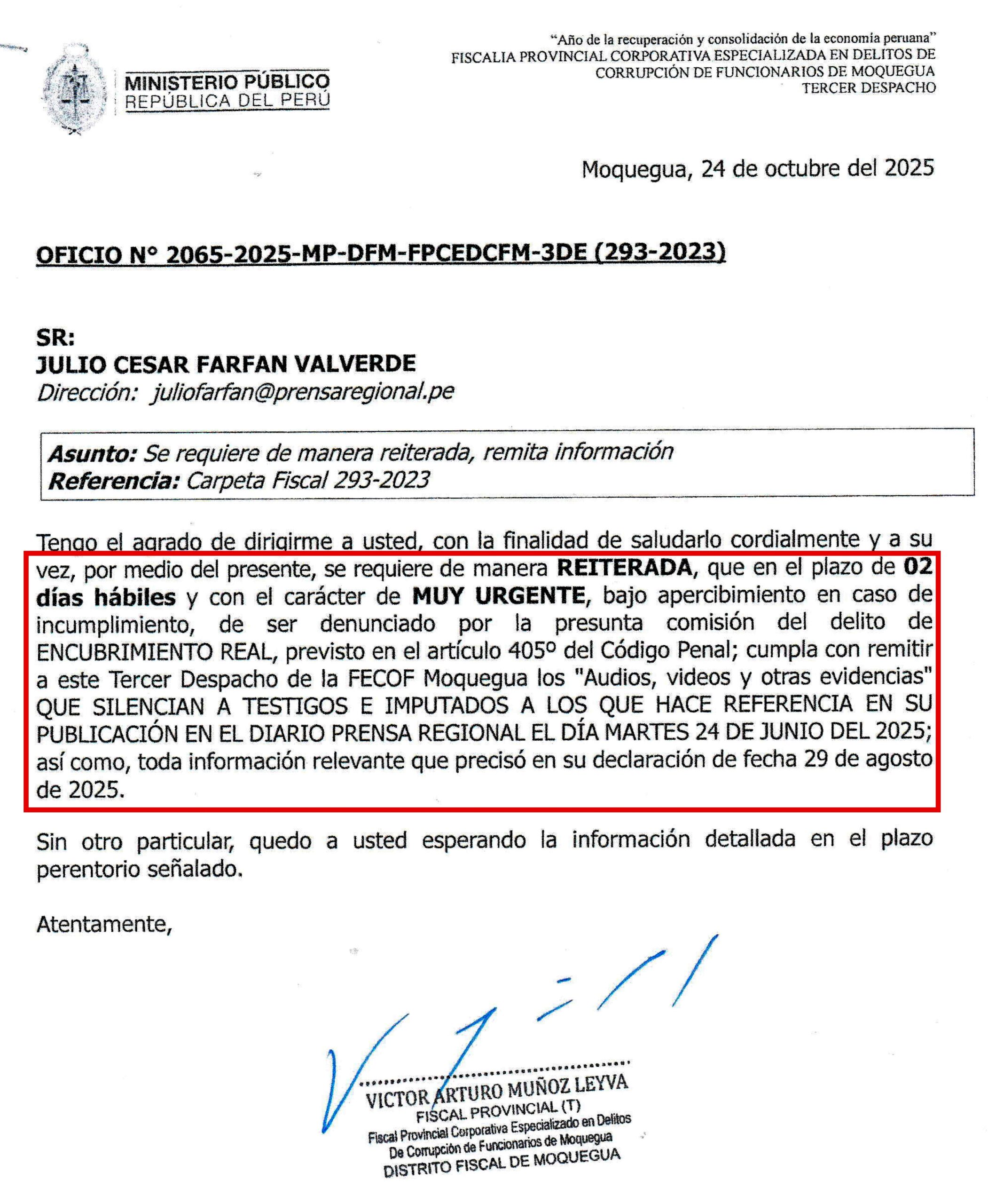 Caso Corrupción 4x4: Fiscalía amenaza a periodista de Prensa Regional 2 Caso amenaza Fiscalia 31102025 3 Notificacion scaled La Prensa Regional