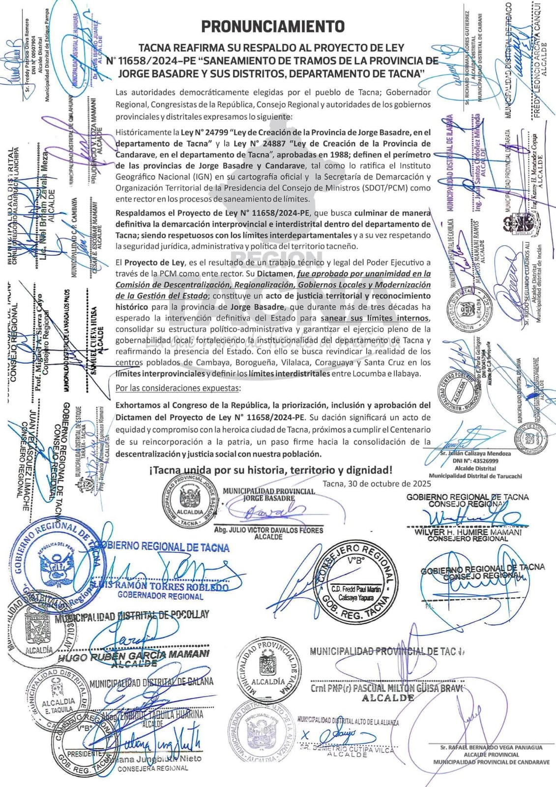 Autoridades de Tacna respaldan proyecto de ley que define sus límites internos 1 Pronunciamiento autoridades de Tacna respecto a limites con Moquegua 31102025 La Prensa Regional