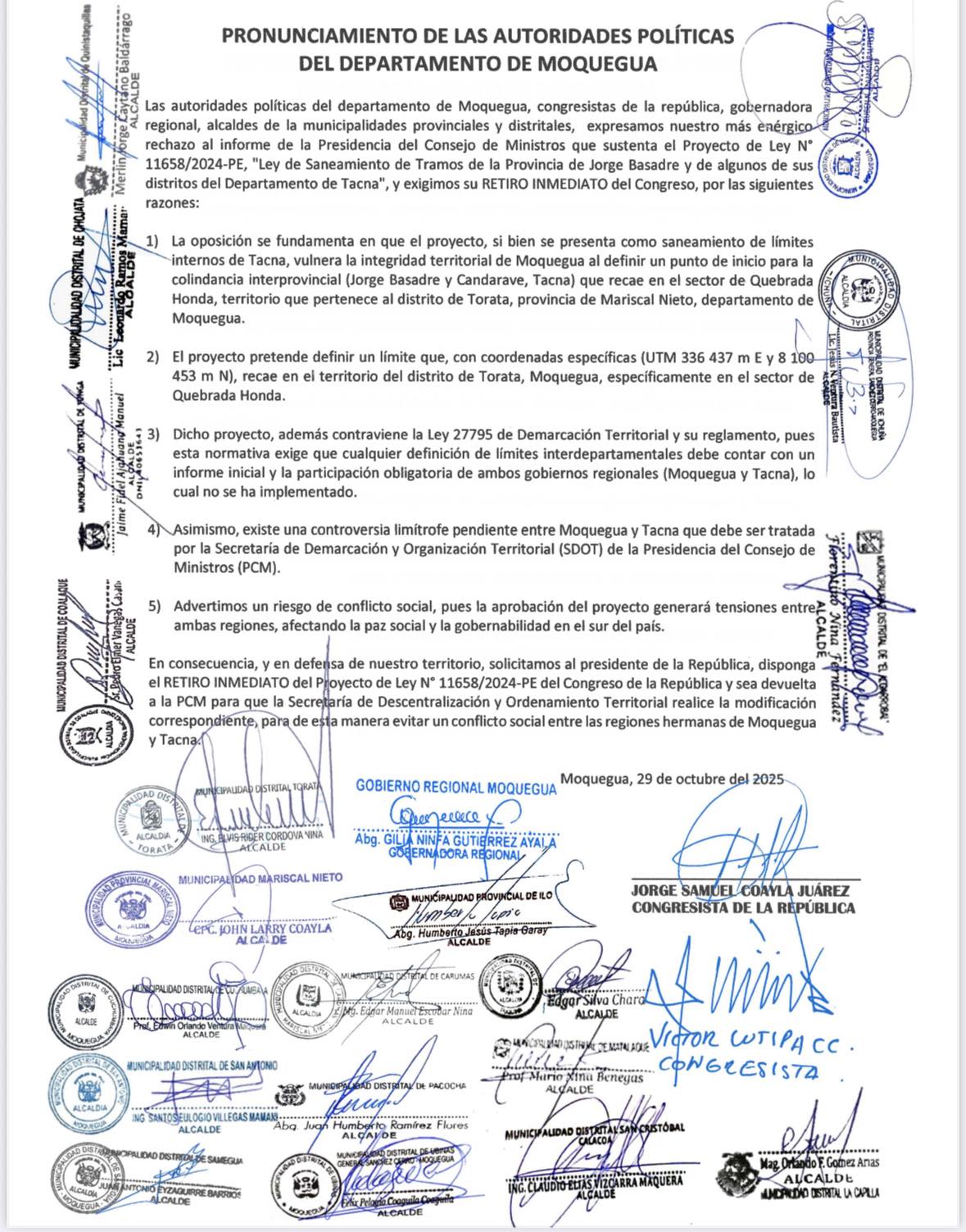 Autoridades acuerdan conformar comisión técnica para defender territorio moqueguano 2 Reunion de autoridades de Moquegua en defensa territorial caso Quebrada Honda y Pronunciamiento 3 La Prensa Regional