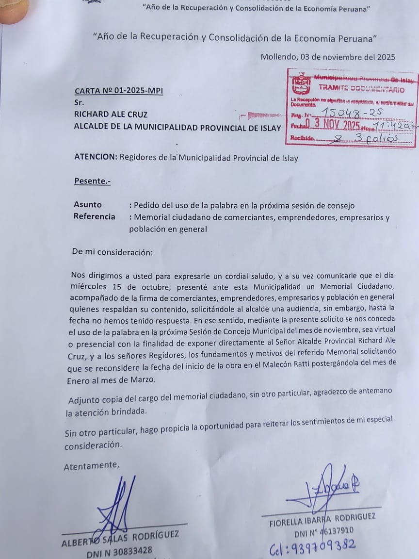 Comerciantes insisten en diálogo con alcalde vía regidores 1 Pedido formal regidores comerciantes obra malecon Ratti 03112025 La Prensa Regional