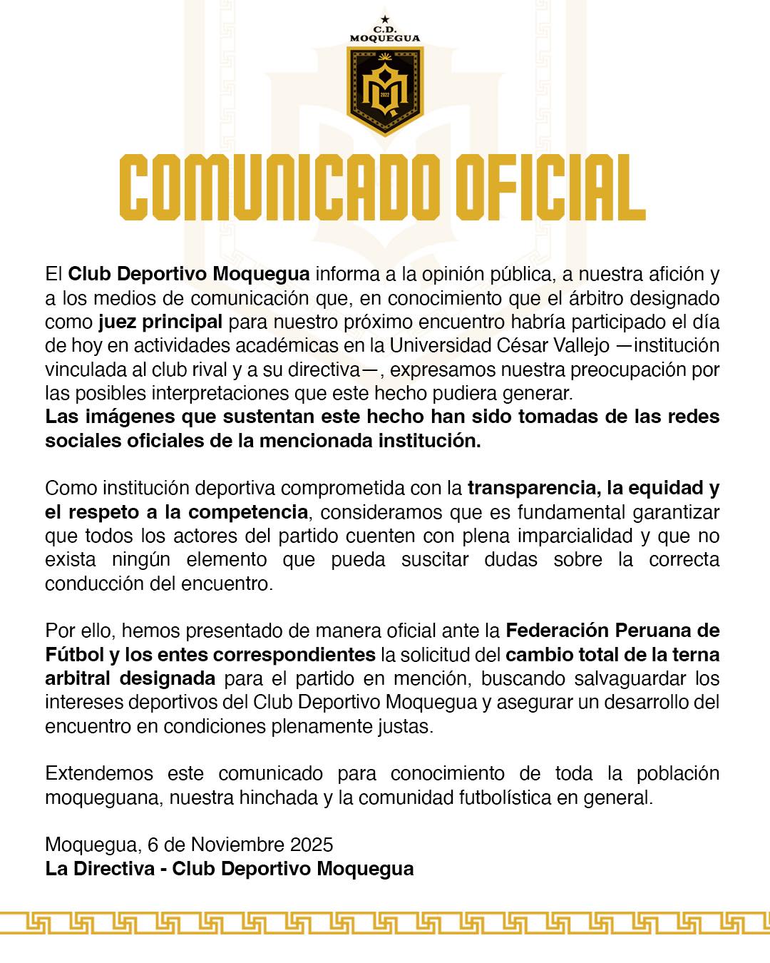 Cambian árbitro del partido entre UCV Trujillo y CD Moquegua tras reclamo del club moqueguano 1 Pronunciamiento CD Moquegua La Prensa Regional