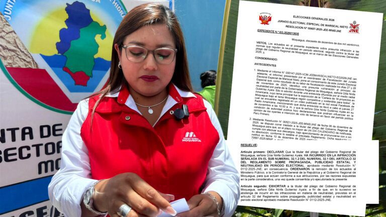 JEE confirma que gobernadora Gilia Gutiérrez vulneró el reglamento de neutralidad electoral