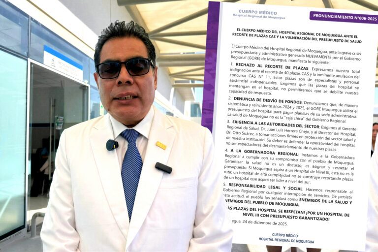 Cuerpo Médico del Hospital Regional de Moquegua rechaza recorte de plazas CAS y advierte riesgo para la atención en salud