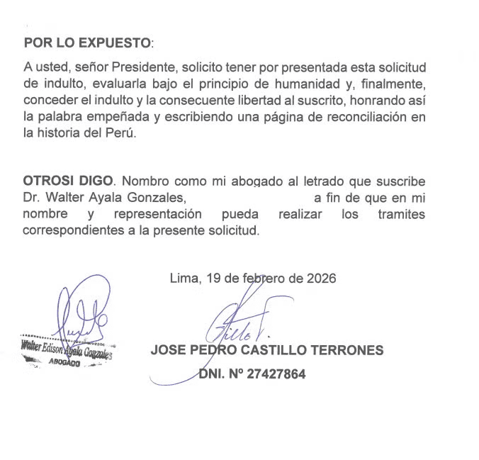 Pedro Castillo solicita indulto presidencial a José María Balcázar 1 Carta enviada por Pedro Castillo a Jose Maria Balcazar 19022026 La Prensa Regional