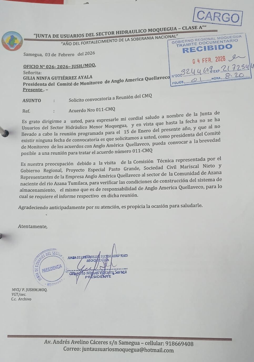 Documento Junta de Usuarios solicita reunion sobre presa Asana e1770265357661 La Prensa Regional