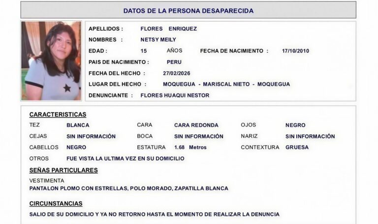 PNP activa búsqueda de adolescente de 15 años desaparecida en Moquegua