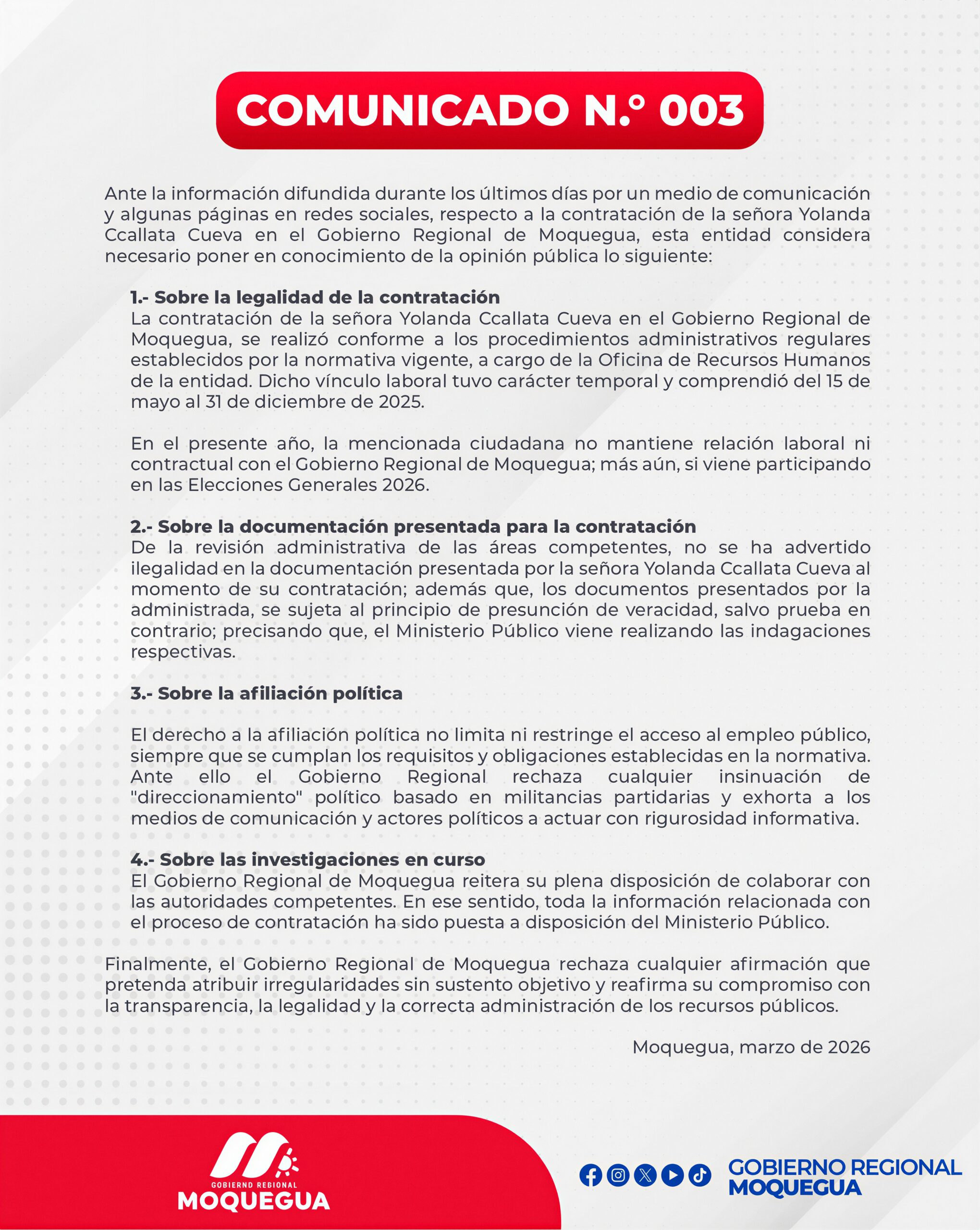 ¿Guerra sucia o favores políticos con recursos del Estado? 4 Contratacion Yolanda Callata Inf. 02 16032026 2 Comunicado 003 GORE Moquegua scaled La Prensa Regional
