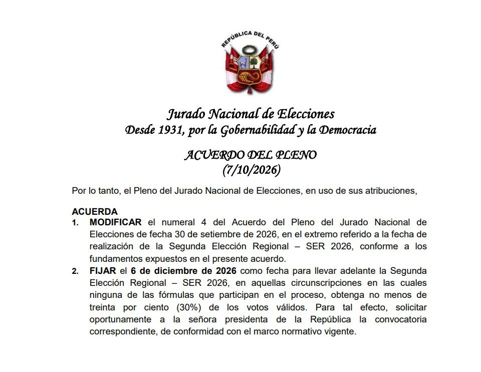 JNE fija el 6 de diciembre para la segunda vuelta de las elecciones regionales 1 Acuerdo del Pleno del JNE 10102026 La Prensa Regional