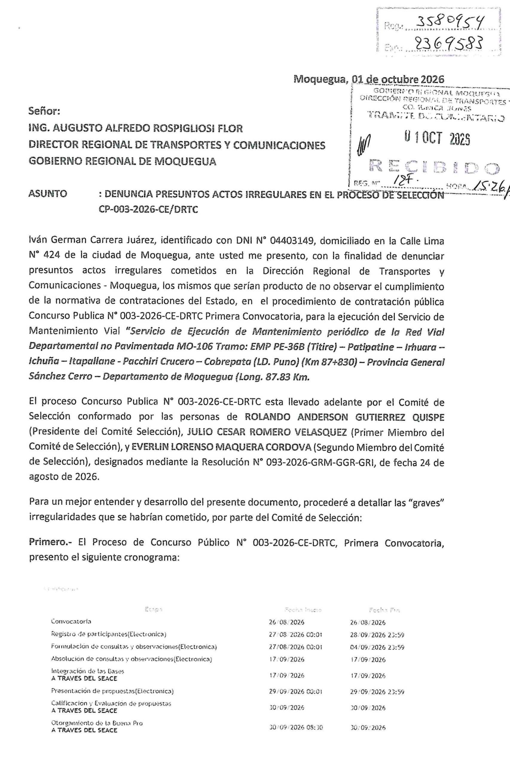Sospechosas movidas para servicios viales por más de S/ 9 millones al cierre de gestión en el GORE Moquegua 1 Denuncia – DRTC servicios viales por mas de 9 millones 03102026 2 scaled La Prensa Regional